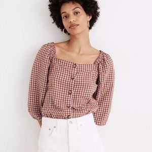 Madewell Gingham Seersucker Puff-Sleeve Button-Front Top